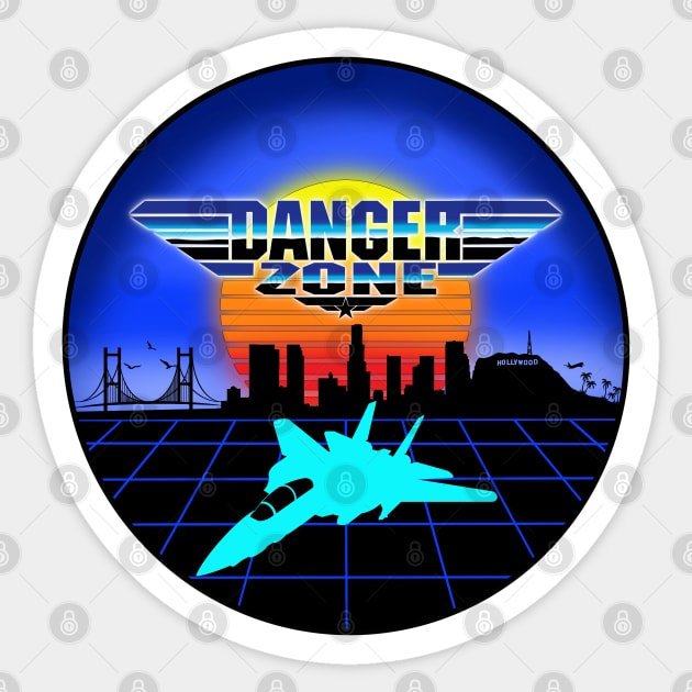 Danger Zone 80s Retro Neon Top Gun Maverick Logo Parody Rooster Sunset Skyline Sticker by ArtIzMuzikForTheEyez